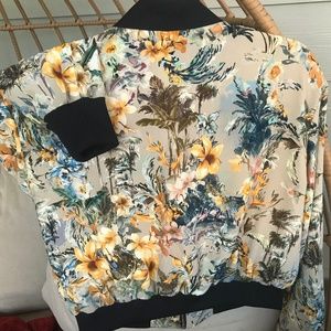 Zara Gray Floral Bomber Jacket Large Silver Zipper